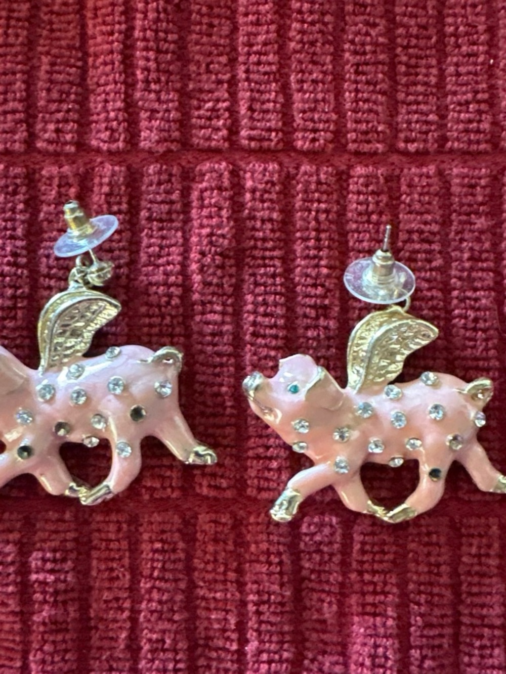 Gold-Tone Pink Flying Pig Crystal Earrings